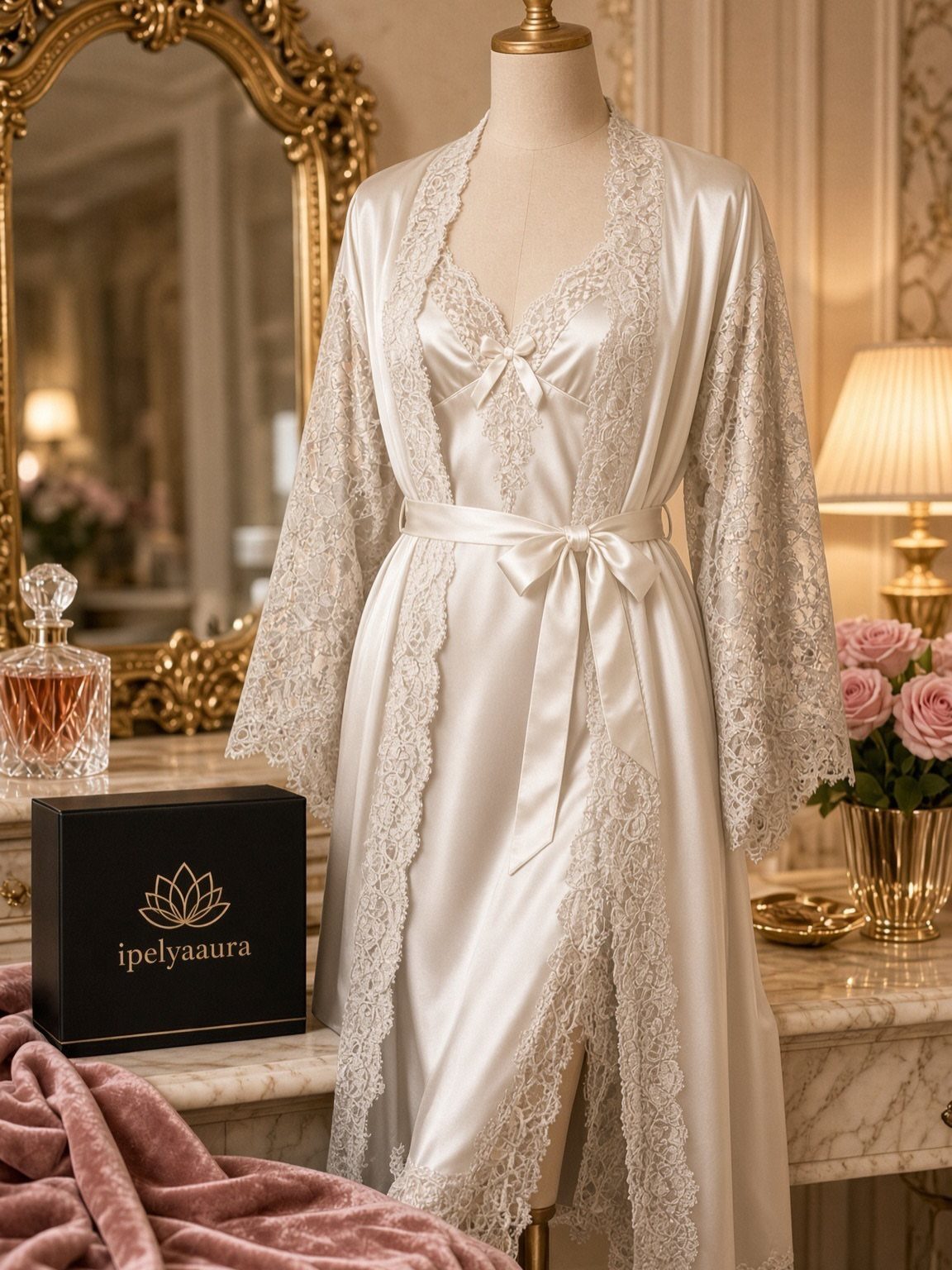 Champagne satin robe with lace trim on a mannequin next to a gift box.