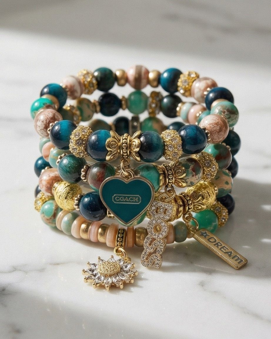 Beaded teal and gold bracelets with heart and love charms on marble surface.