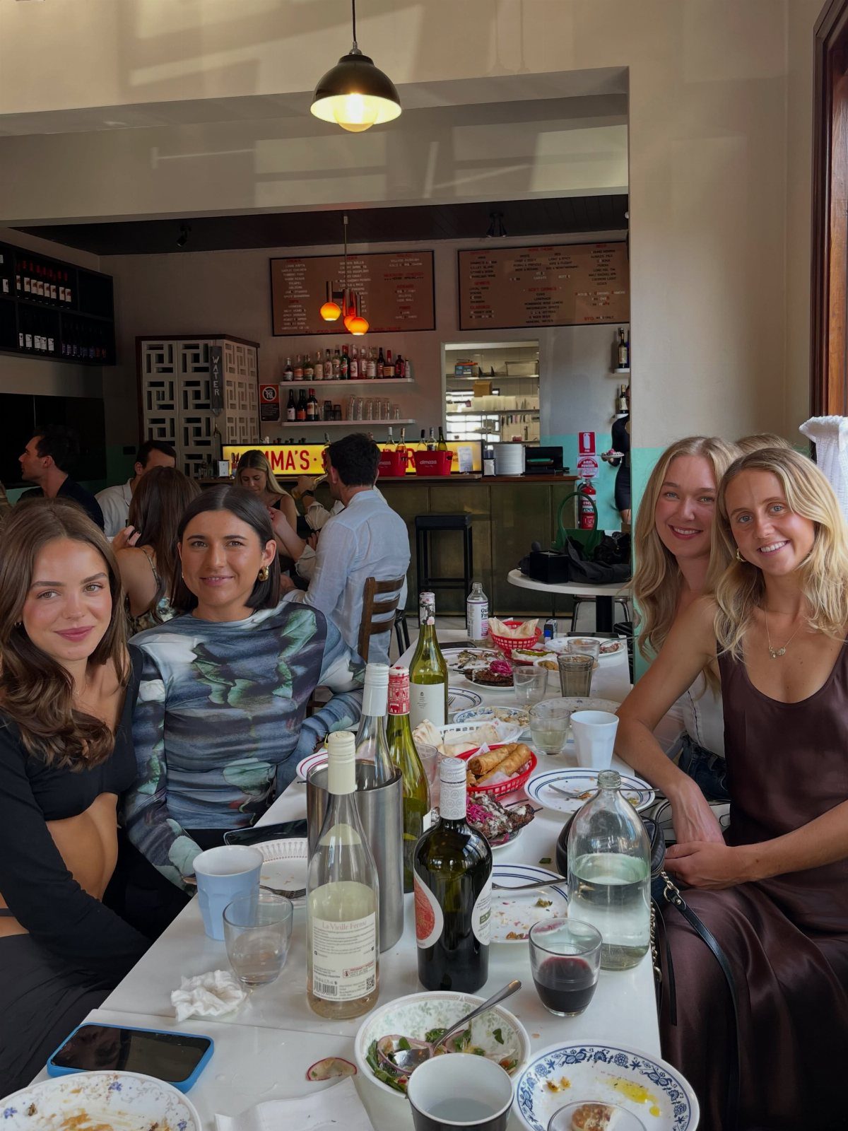 Young women enjoying wine and food at a brunch table in a restaurant.
