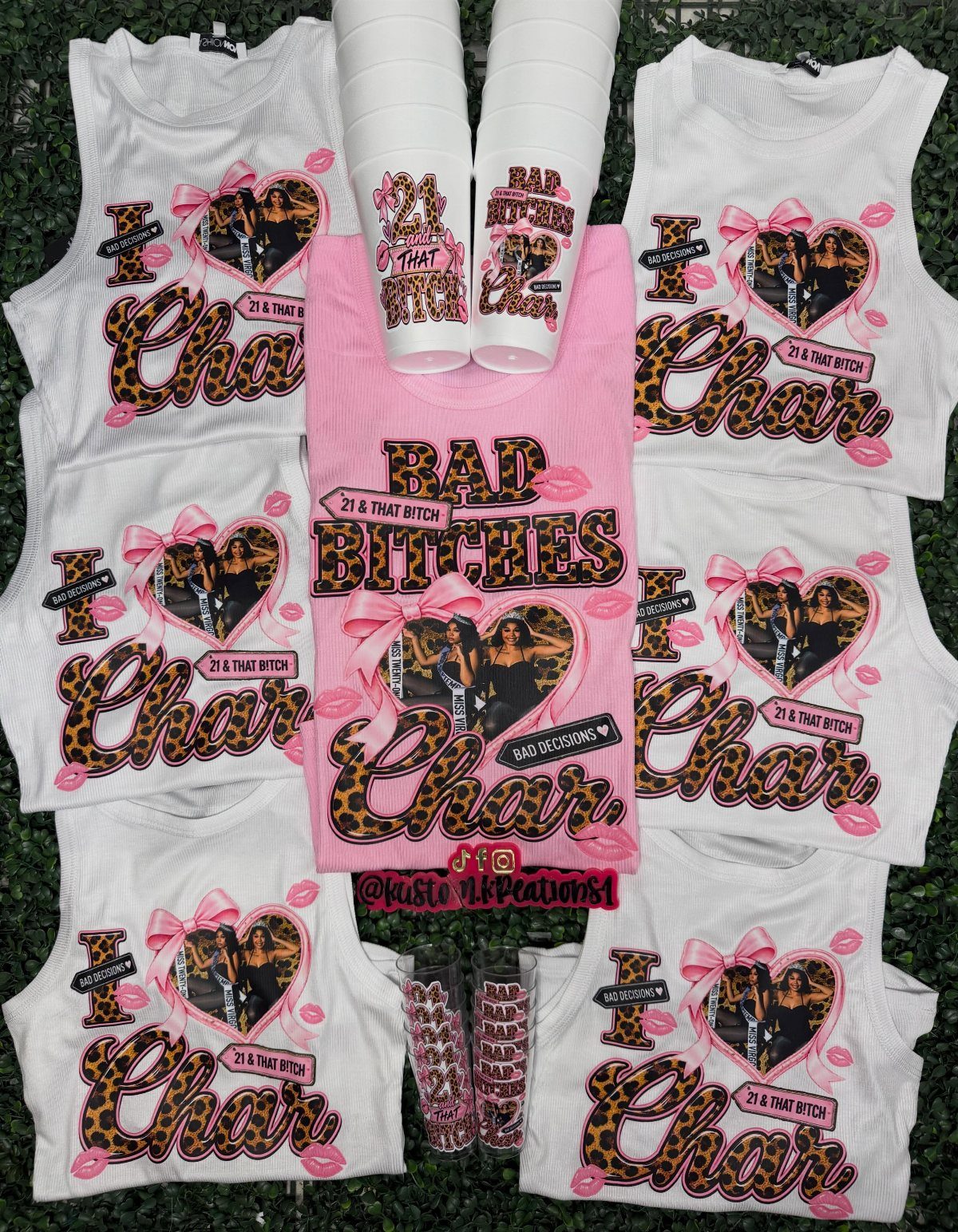 Custom birthday shirts and cups with leopard print and pink bows for Char.