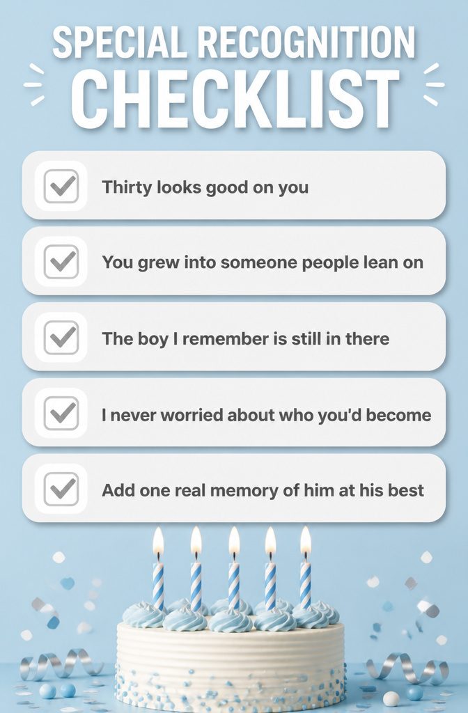 A checklist celebrating a grandson's achievements as he turns 30.