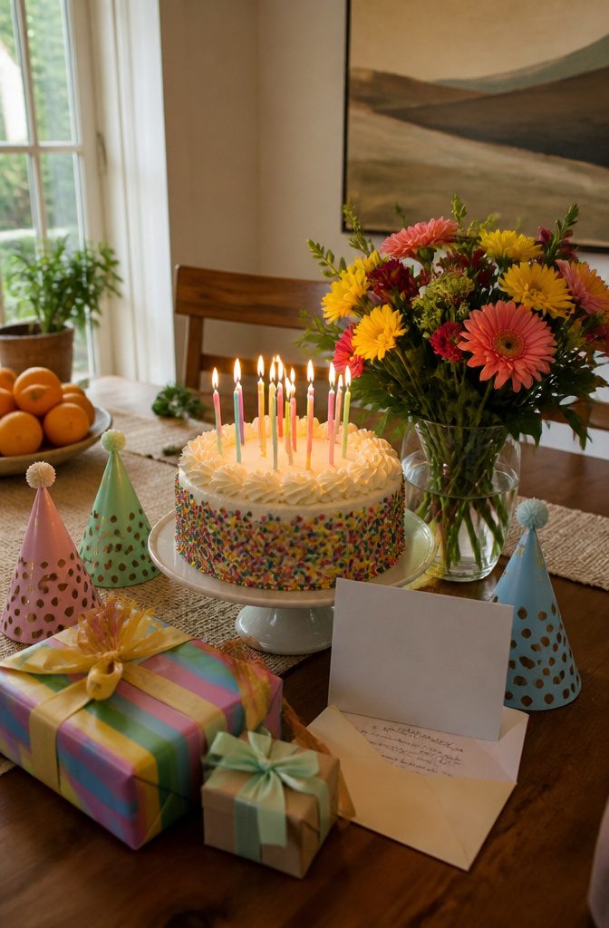 A birthday cake with candles surrounded by a festive dining table.