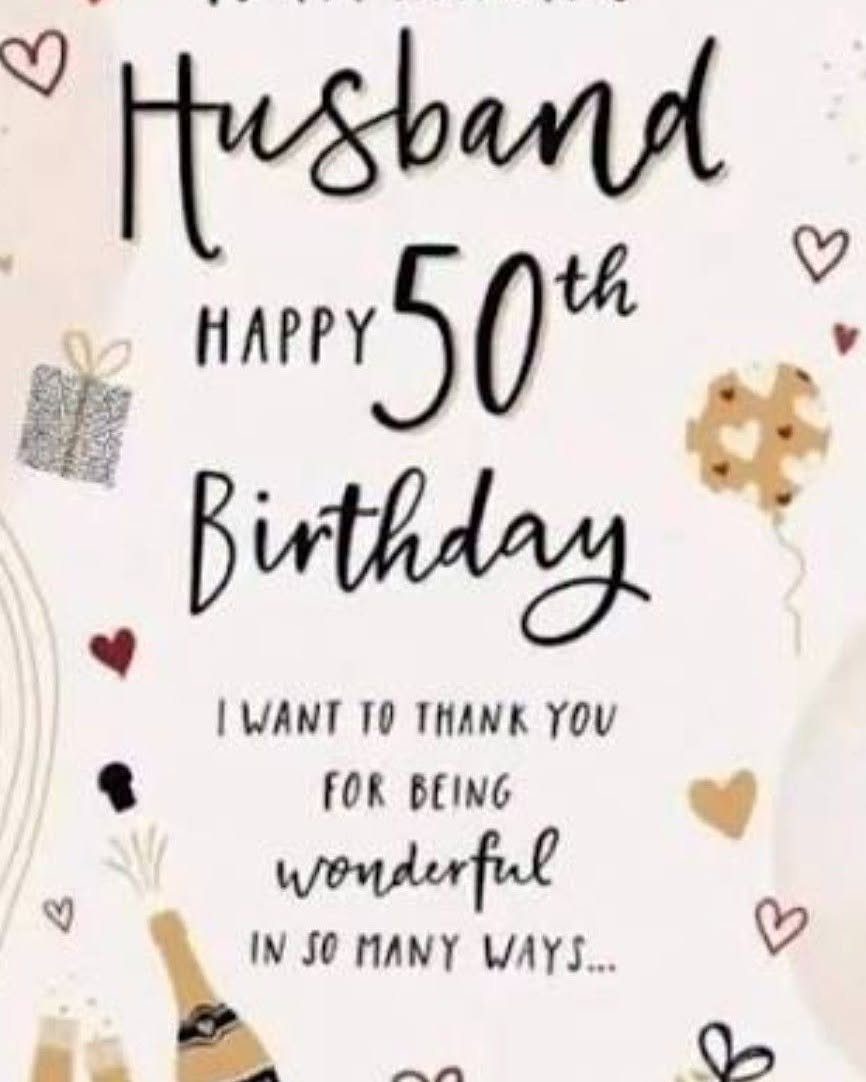 Birthday card for a husband's 50th birthday with hearts and champagne bottle.