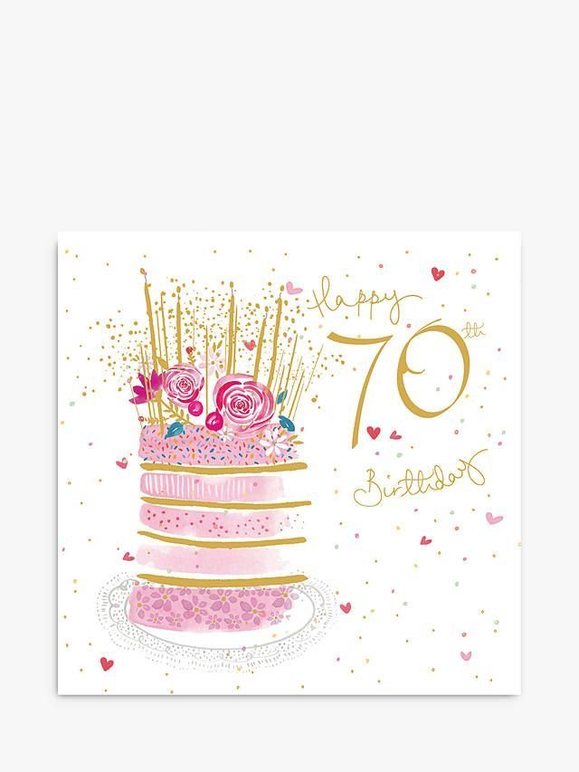 Birthday card with a pink cake, gold sparklers, and Happy 70th Birthday text.