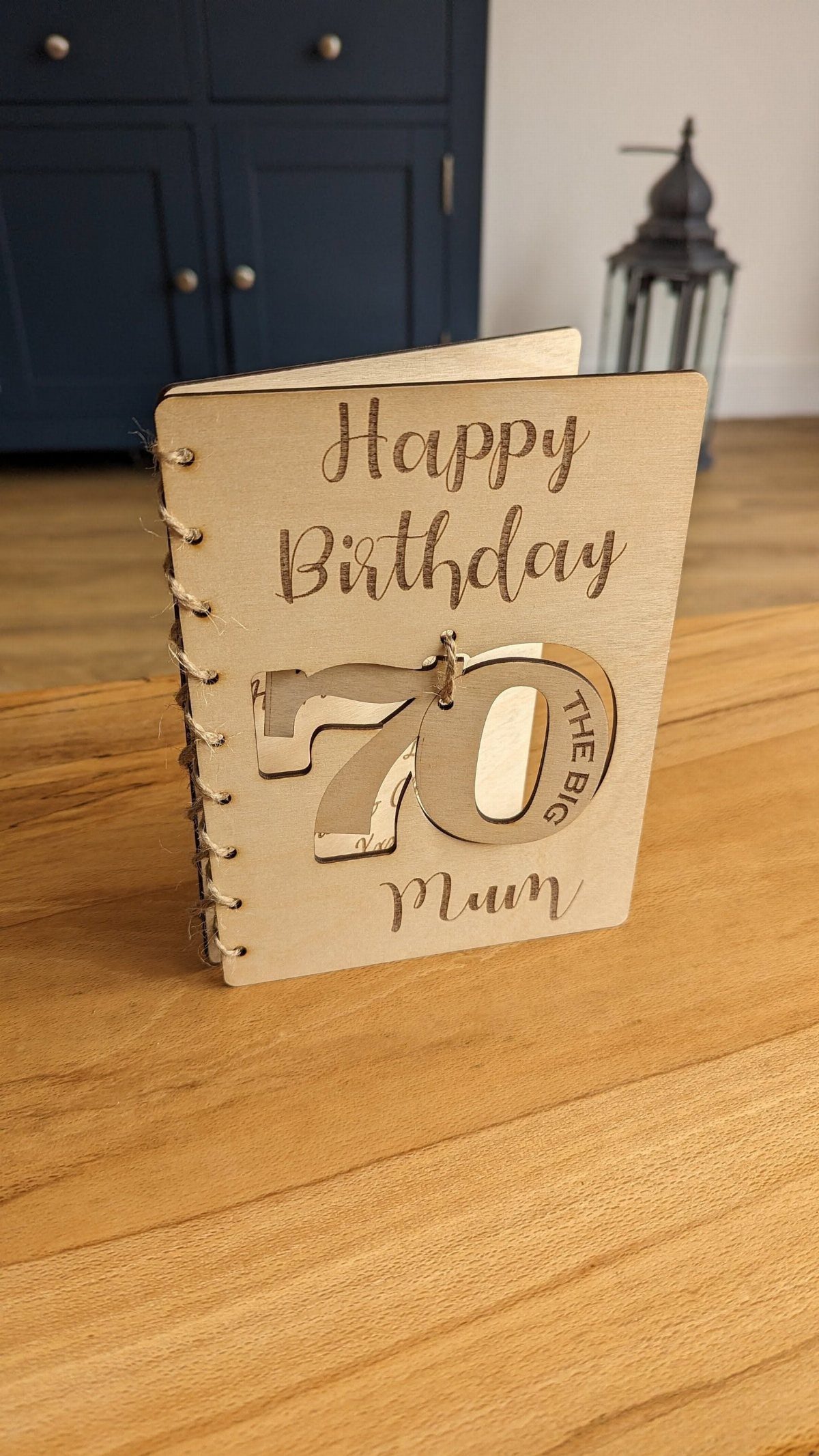 Wooden birthday card engraved with Happy Birthday Mum and a 3D number 70
