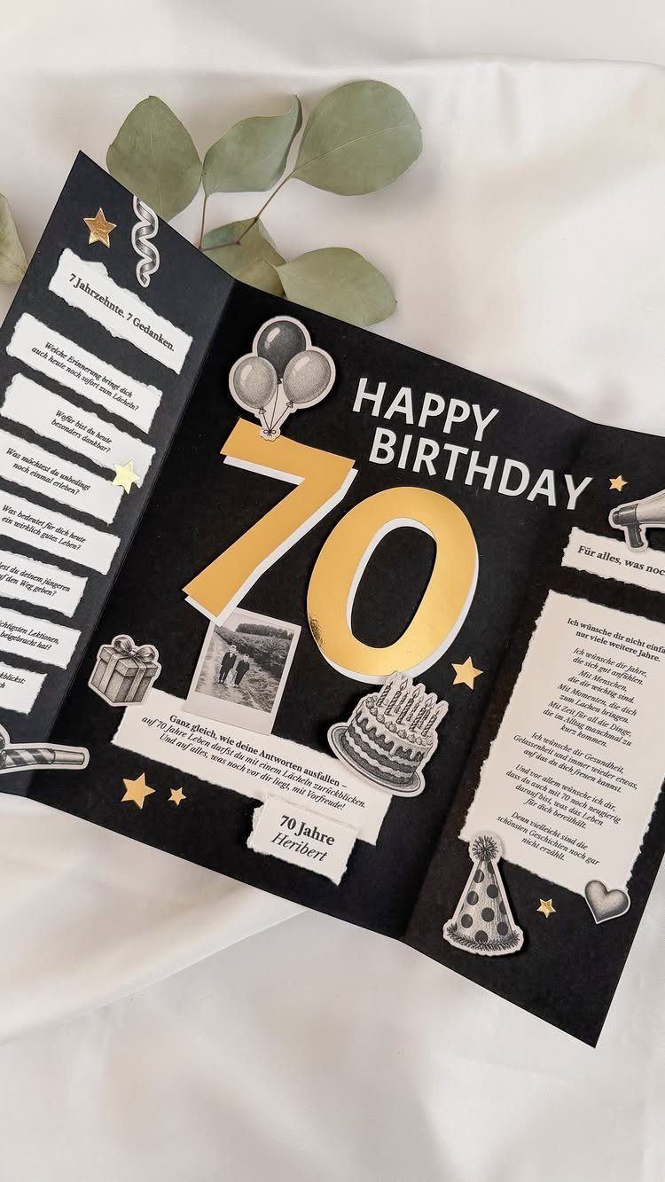 Handmade black birthday card featuring a gold 70 and various celebratory paper cutouts.