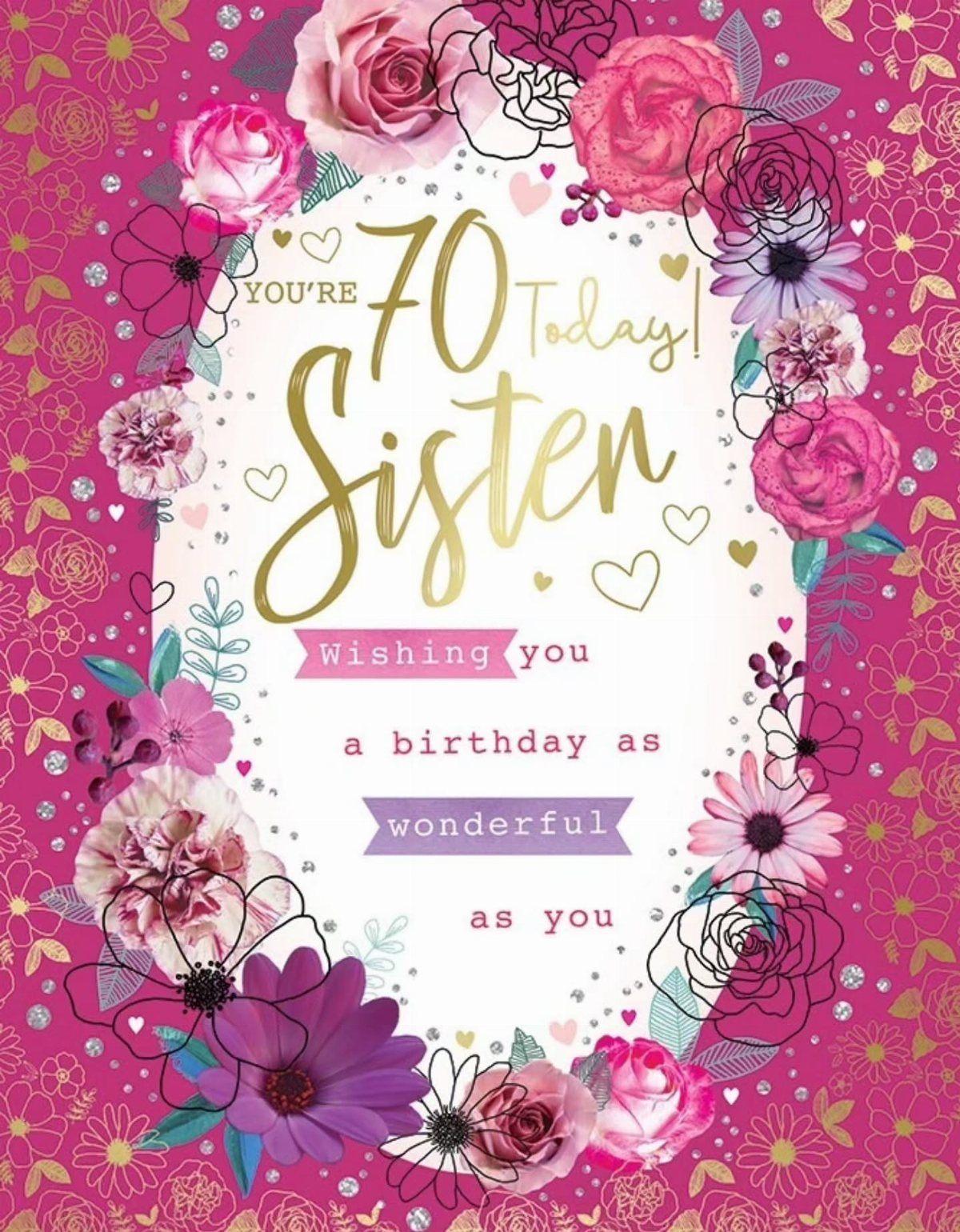 Pink birthday card for a 70th birthday featuring floral borders and gold lettering.