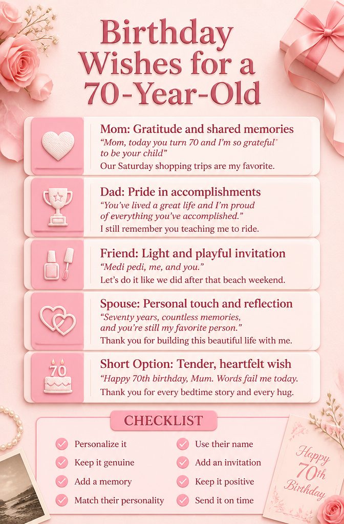 An image illustrating various birthday wishes for a woman turning 70.