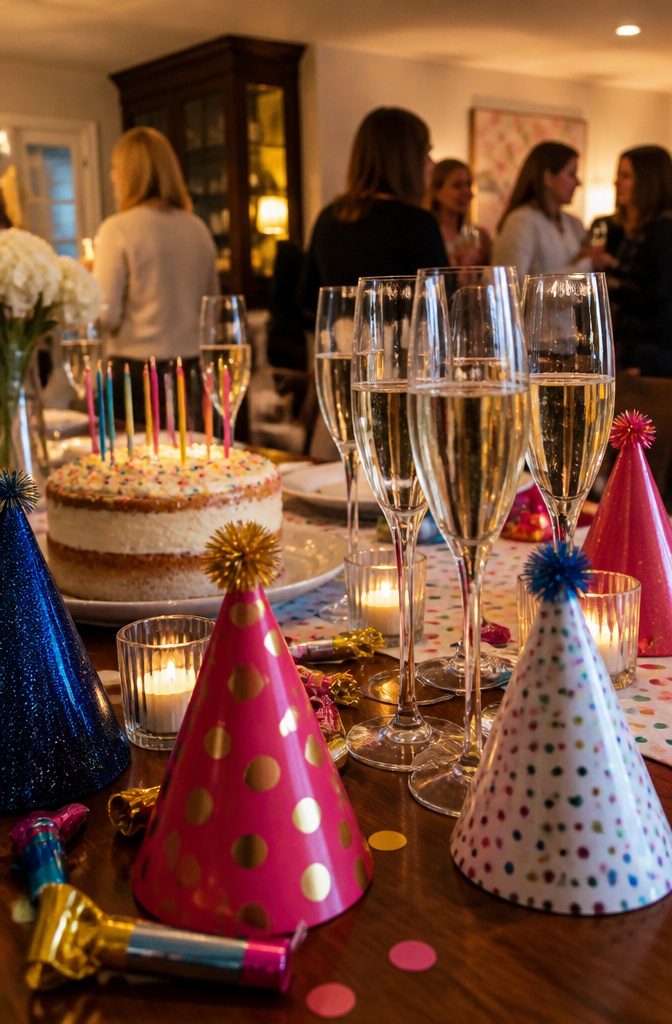 A table set for a toast with humorous quotes for a 70th birthday.