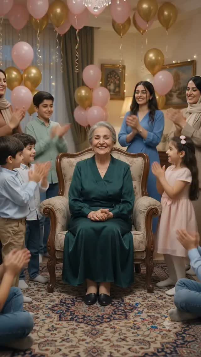 Elderly woman in green dress sitting in armchair surrounded by clapping family members