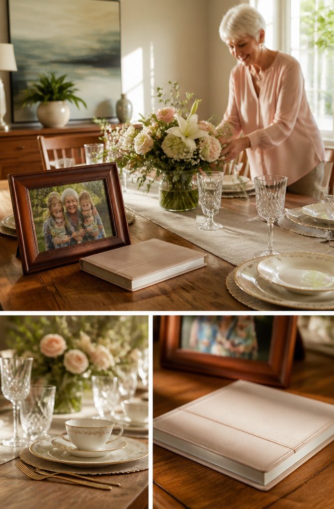 A photo showcasing family gatherings and framed pictures as birthday gifts.