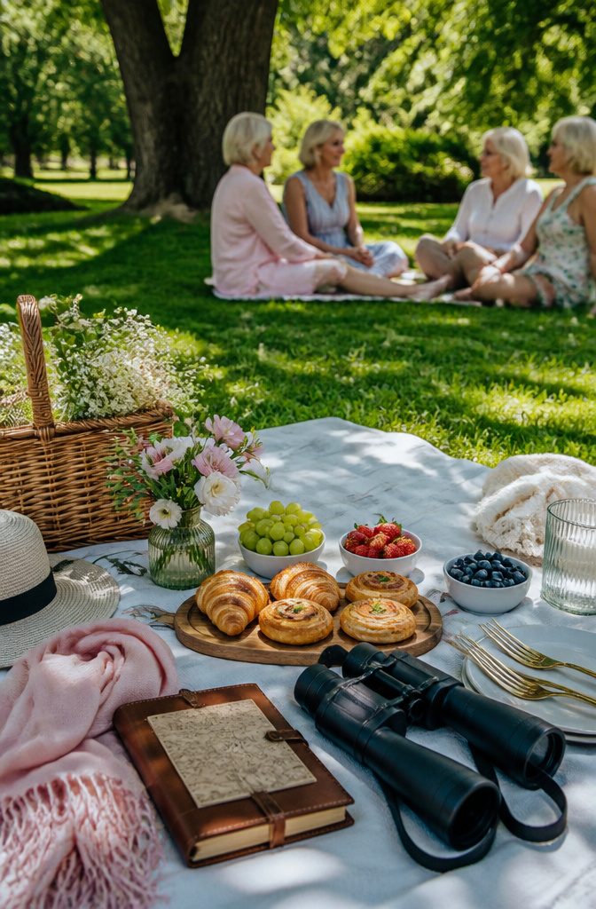 A picnic scene with quotes emphasizing new beginnings at age 70.