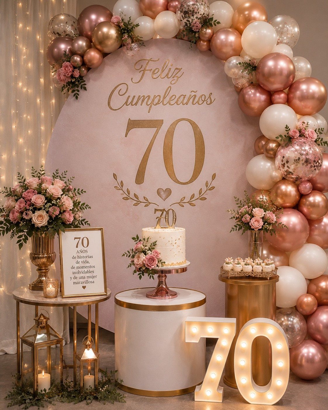 70th birthday party decoration with rose gold balloons, pink backdrop, and light-up numbers.