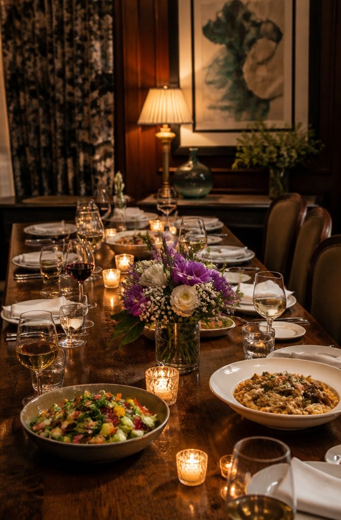 A beautifully arranged table for a birthday dinner with candles and menu cards.