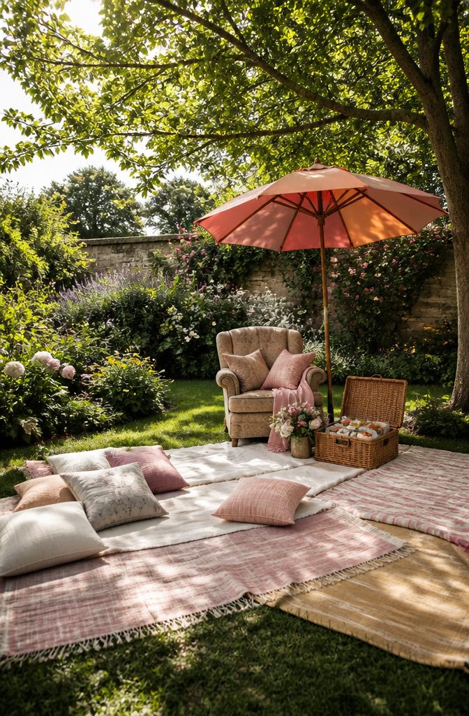 A picnic scene with a chair, blankets, and food laid out.