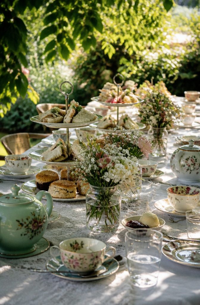 A table set for a tea party with mismatched china and finger foods.