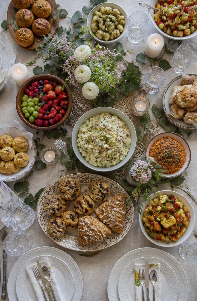 A spread of homemade and store-bought dishes for a birthday party.