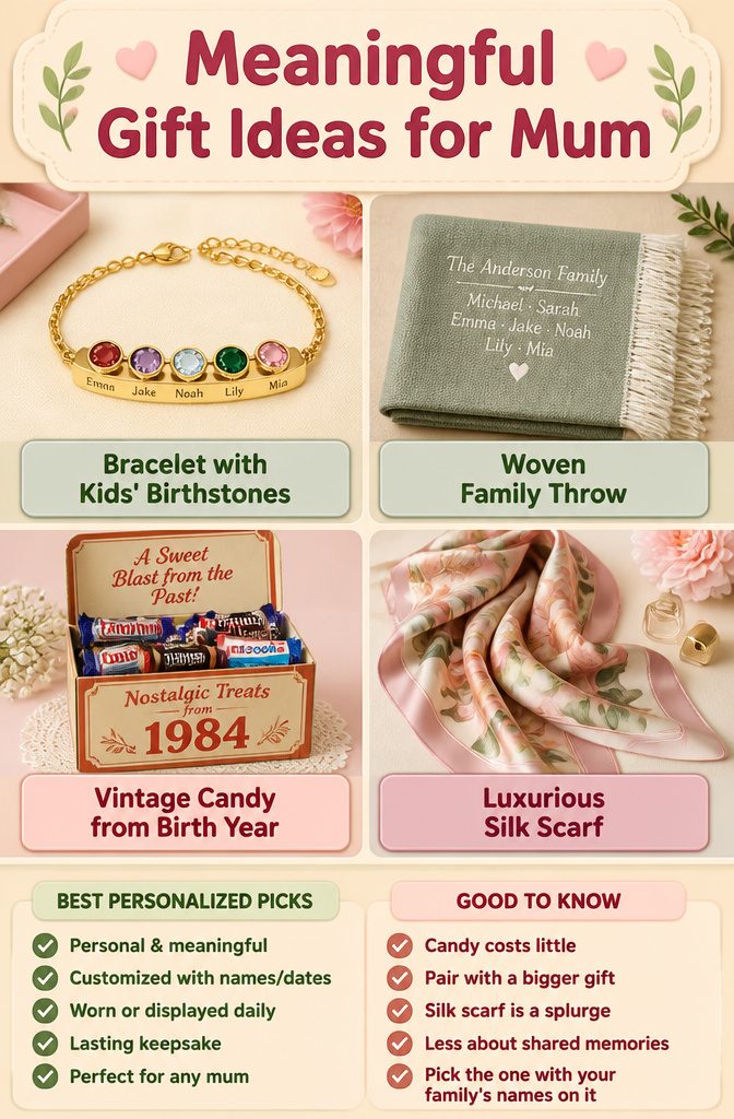 A selection of personalized gifts including jewelry and keepsakes.