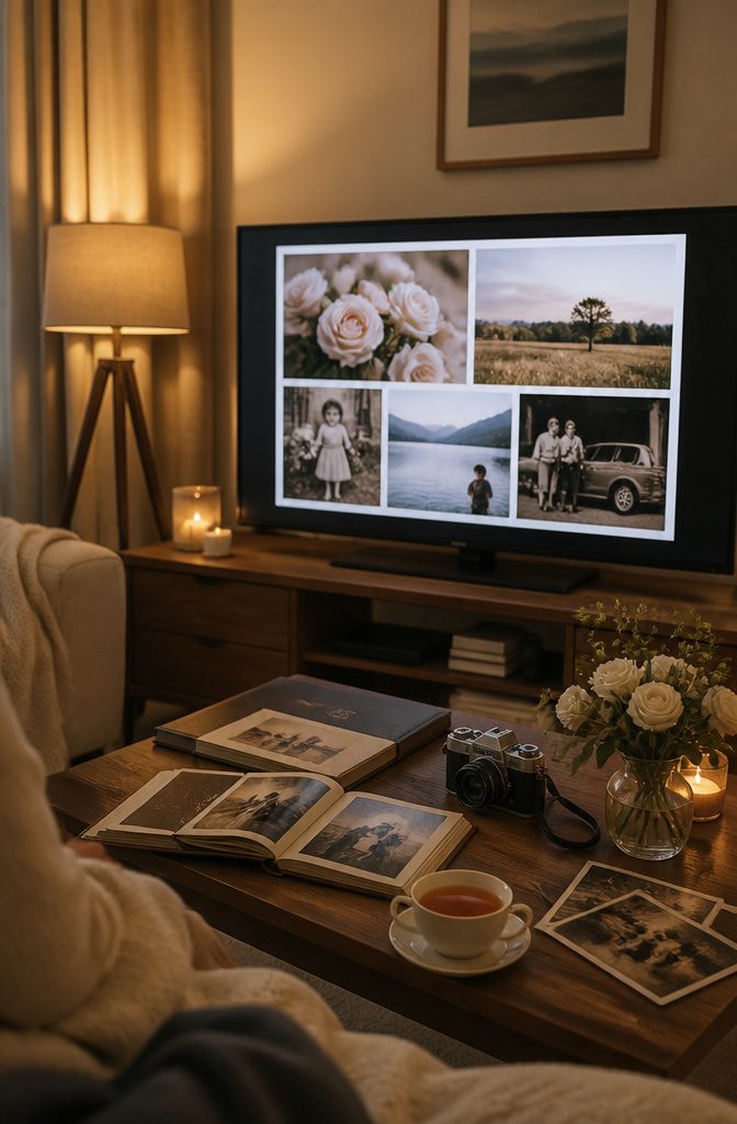 A living room set up for a family photo slideshow tribute.