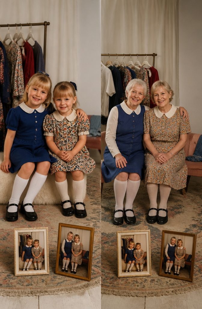 Family members posing to replicate old photographs for a special gift.