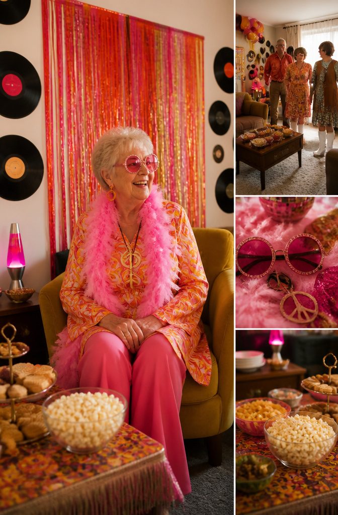 A retro costume party with guests in vintage clothing and accessories.