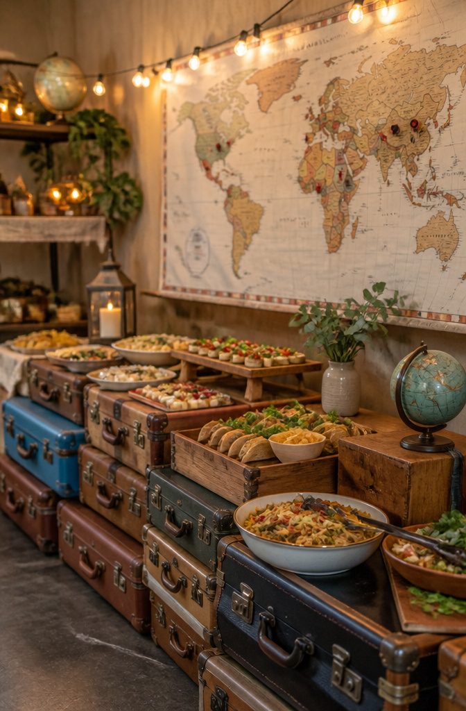 A decorated space with suitcases and a world map for a travel-themed party.