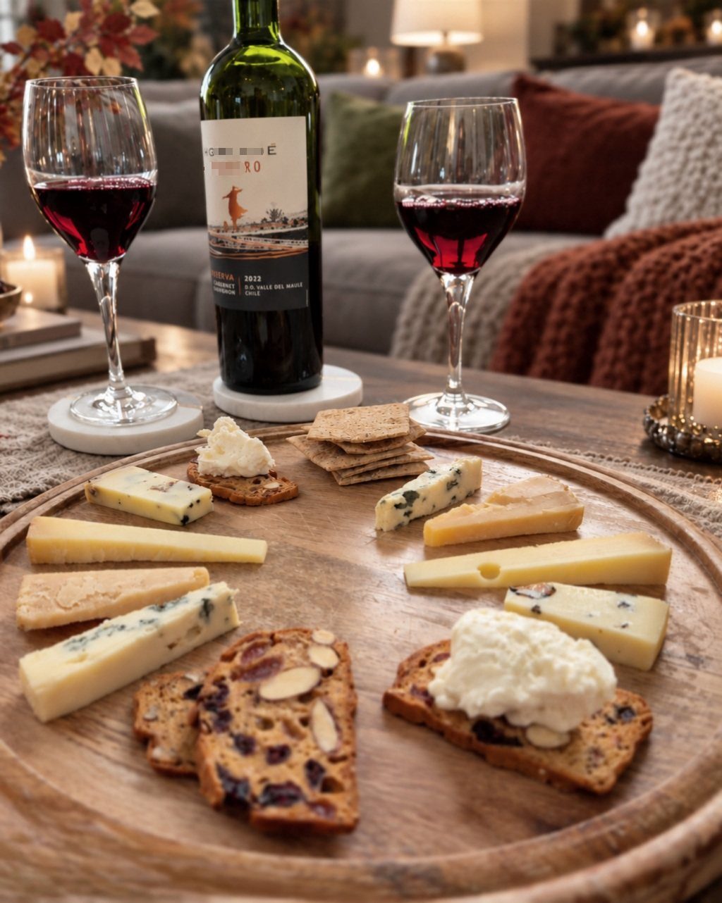 Wooden platter with assorted cheeses and crackers next to red wine glasses.