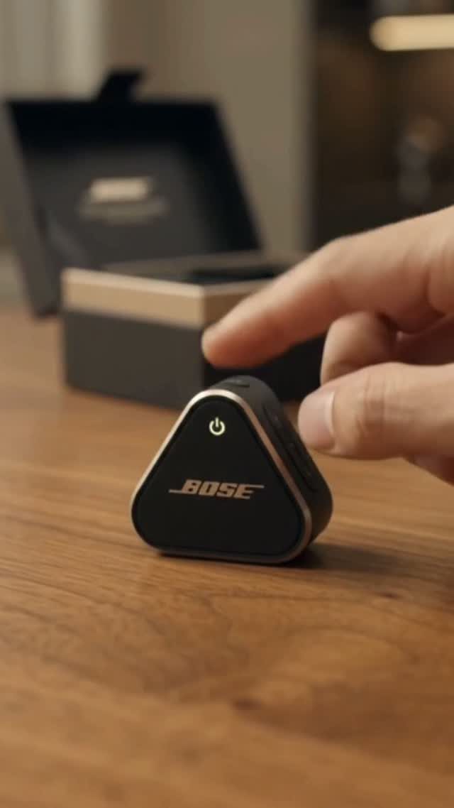 Bose earbud charging case on a wooden table with a hand nearby