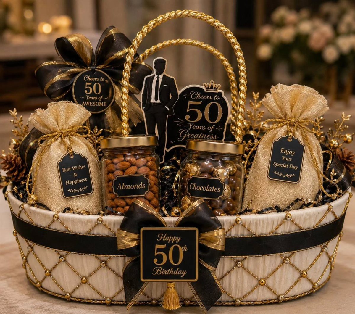 Gift basket for a 50th birthday containing almonds, chocolates, and gold pouches.