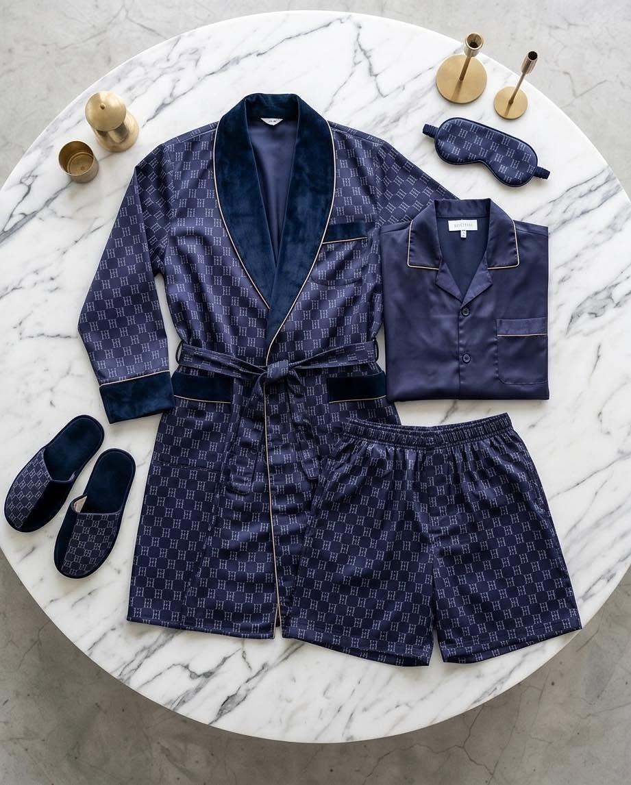 Navy blue luxury pajama set with robe and slippers on a marble table.