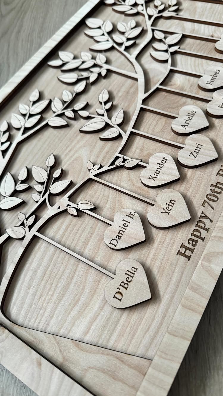 Wooden carved family tree plaque with heart-shaped name tags and Happy 70th engraving.