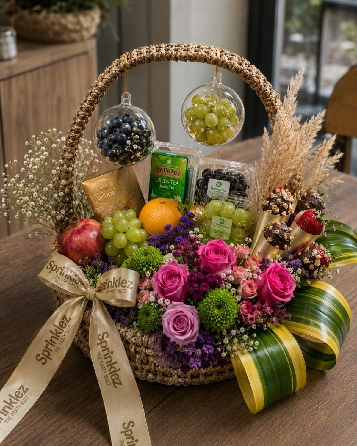 Woven gift basket with pink roses, fresh fruits, and chocolates on a wooden table.