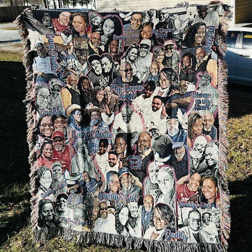 Woven throw blanket featuring a large collage of family portrait photographs and text.