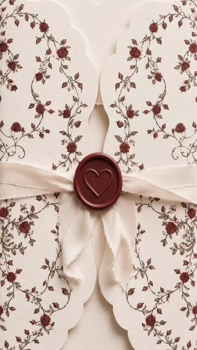 Cream invitation with red rose patterns, white ribbon, and heart-shaped wax seal.