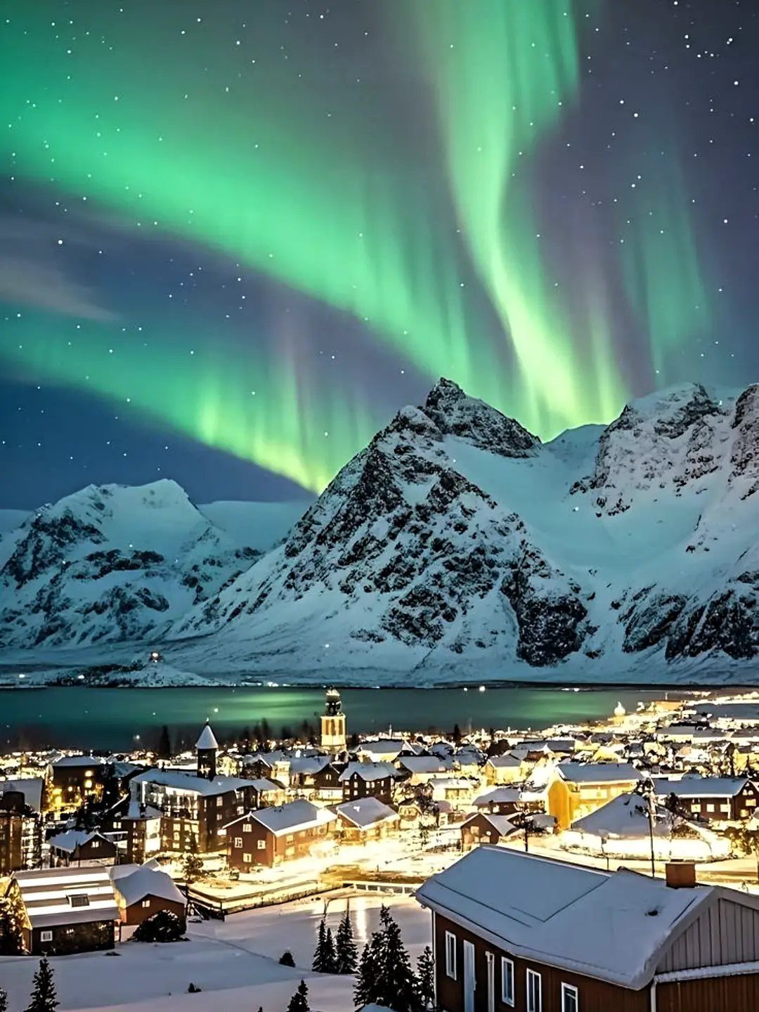 Green aurora borealis shimmering over snowy mountains and a glowing coastal village at night.