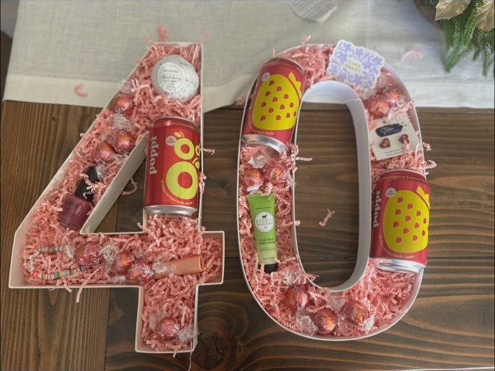 Number 40 shaped gift basket filled with pink shred, soda, and beauty treats.