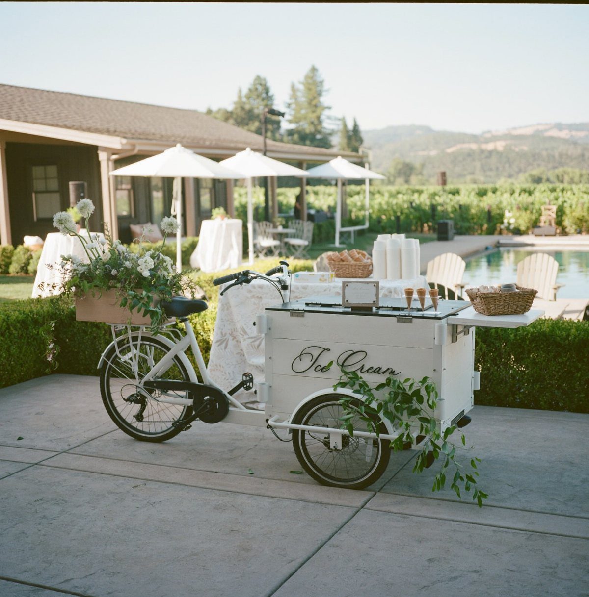 White vintage ice cream cargo bike with cones and flowers on a patio