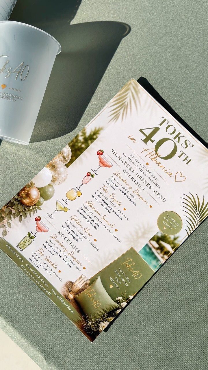 Signature drinks menu for a 40th birthday celebration in Albania on green fabric