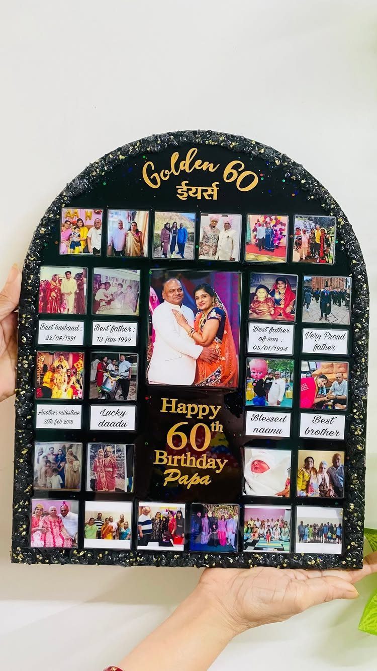 Arched black glitter photo collage frame for a father's 60th birthday celebration.