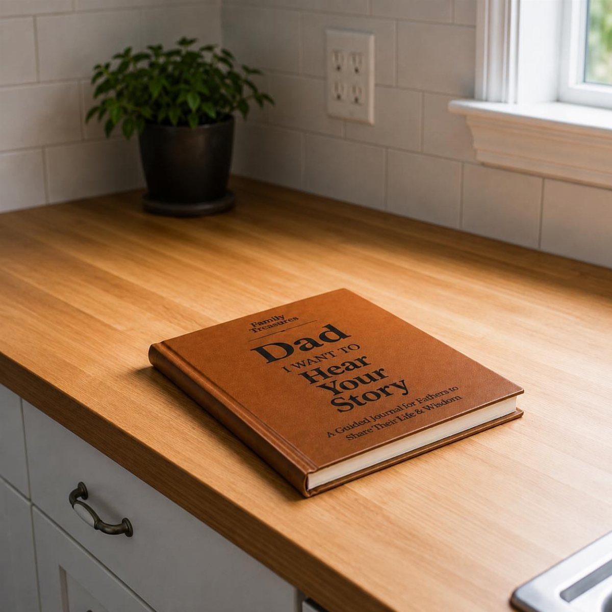 Brown leather journal for fathers resting on a wooden countertop near a plant.