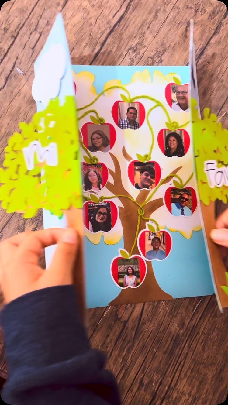 Handmade pop-up card with a family tree featuring small circular portrait photos.