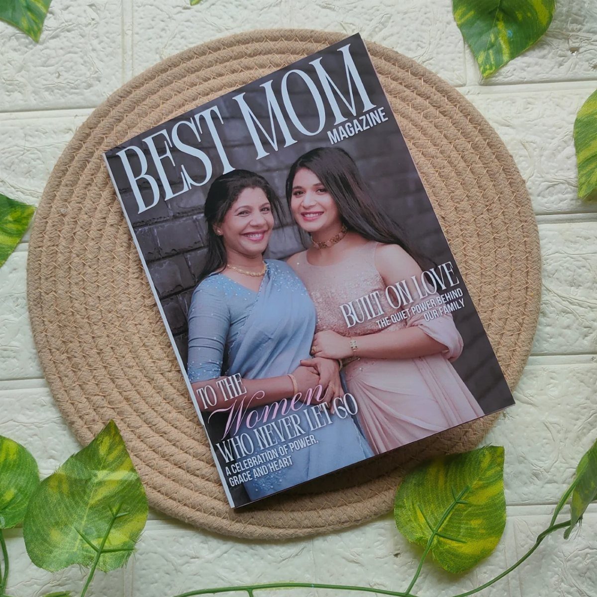 Personalized Best Mom magazine cover featuring two women on a woven mat.